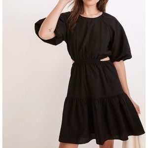 Madewell Womens Seersucker Puff-Sleeve Cutout Mini Dress Size XL Black Buttons